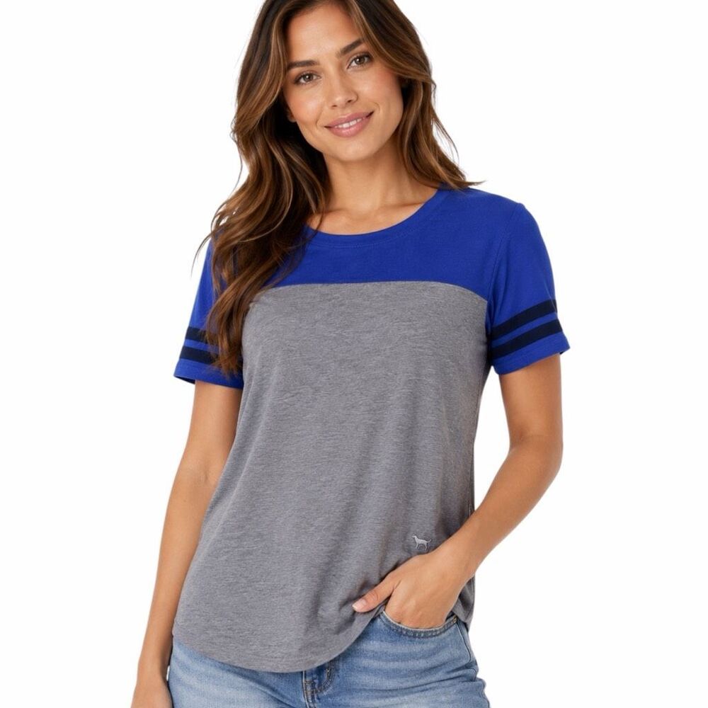PINK VICTORIA’S SECRET Women’s Blue Gray Short Sleeve Colorblock Tee Size Medium